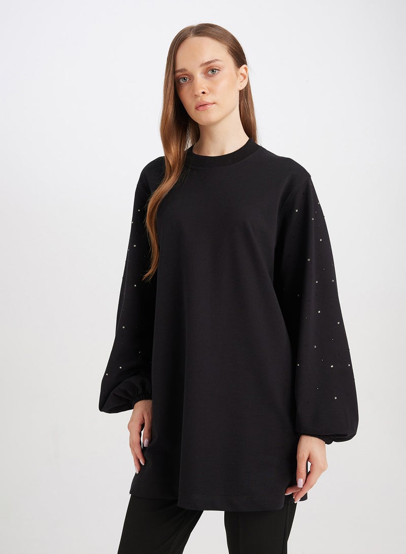 Regular Fit Black Crew Neck Balloon Sleeve Long Tunic With Stone Detail