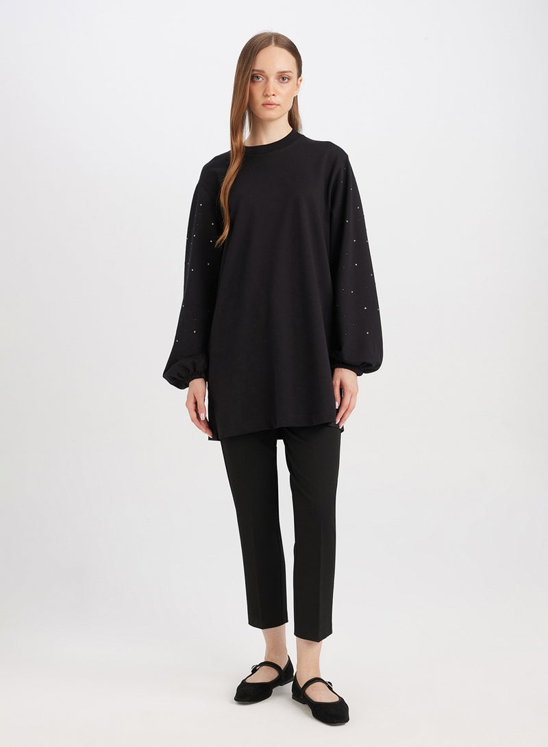 Regular Fit Black Crew Neck Balloon Sleeve Long Tunic With Stone Detail