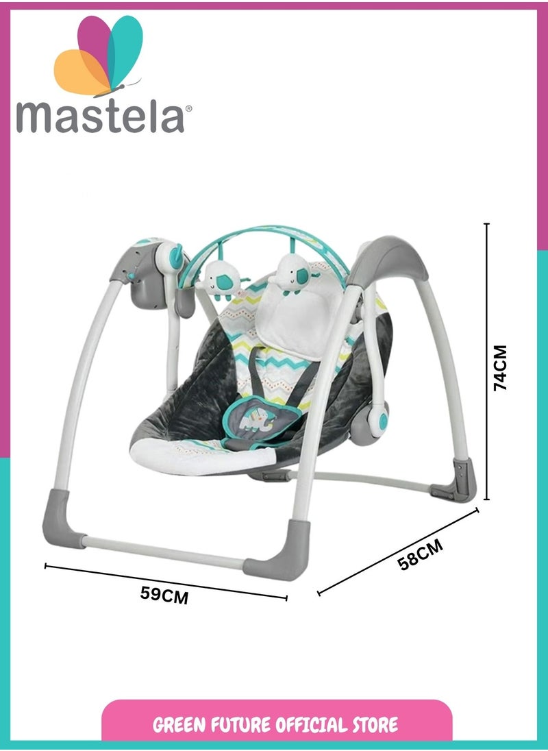 Baby Swing with Soothing Vibrations and 5-Speed Settings, Portable Compact Design with Soft Plush Seat, Safety Harness, and Detachable Toy Bar - Perfect for Soothing Infants - Green