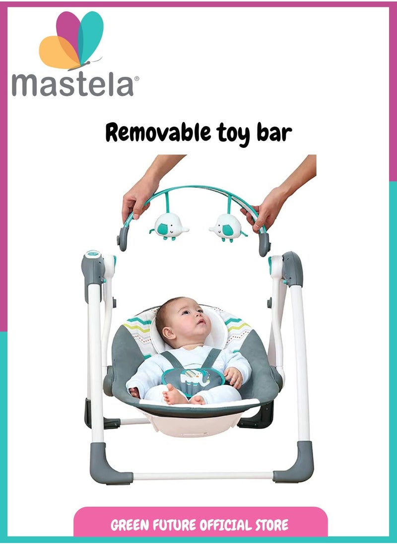 Baby Swing with Soothing Vibrations and 5-Speed Settings, Portable Compact Design with Soft Plush Seat, Safety Harness, and Detachable Toy Bar - Perfect for Soothing Infants - Green