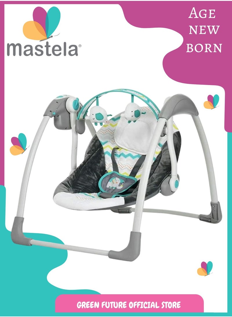 Baby Swing with Soothing Vibrations and 5-Speed Settings, Portable Compact Design with Soft Plush Seat, Safety Harness, and Detachable Toy Bar - Perfect for Soothing Infants - Green