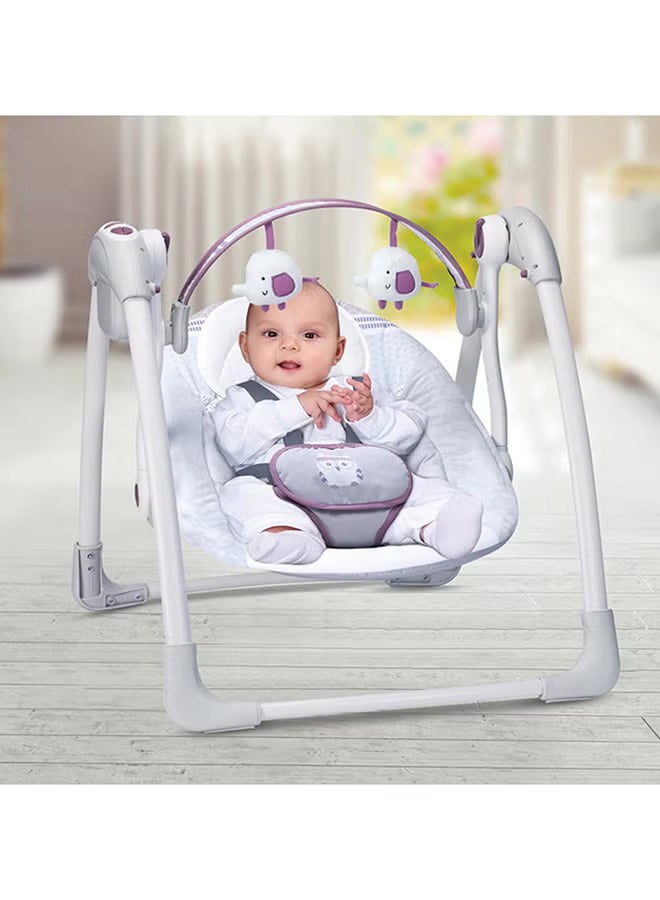 Baby Swing with Soothing Vibrations and 5-Speed Settings, Portable Compact Design with Soft Plush Seat, Safety Harness, and Detachable Toy Bar - Perfect for Soothing Infants - Grey