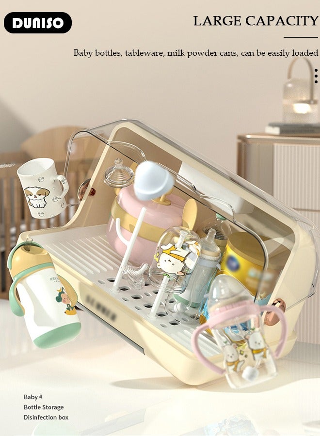 Baby Bottle Drying Rack, Vertical Baby Bottle Storage with Anti-dust Cover and Detachable Bracket, Tableware Drying Rack with Pull-Out Drain Board, Portable Kitchen Cabinet Organizer with Haft, Cup Storage Box with Ultraviolet Disinfection Lamp for Household Use