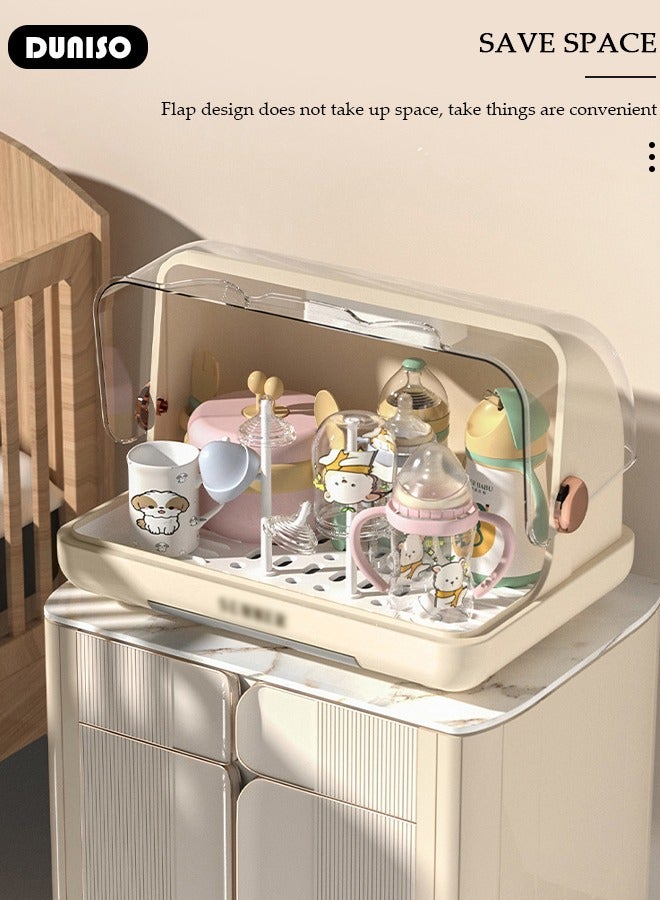 Baby Bottle Drying Rack, Vertical Baby Bottle Storage with Anti-dust Cover and Detachable Bracket, Tableware Drying Rack with Pull-Out Drain Board, Portable Kitchen Cabinet Organizer with Haft, Cup Storage Box with Ultraviolet Disinfection Lamp for Household Use