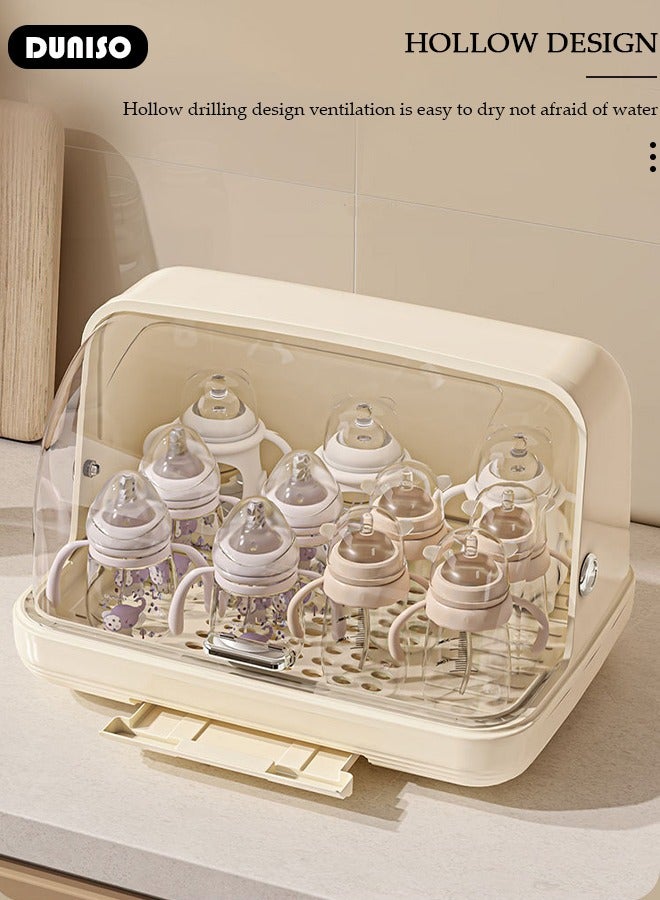 Baby Bottle Drying Rack, Vertical Baby Bottle Storage with Anti-dust Cover, Tableware Drying Rack with Pull-Out Drain Board, Portable Kitchen Cabinet Organizer with Haft, Cup Storage Box for Home Kitchen