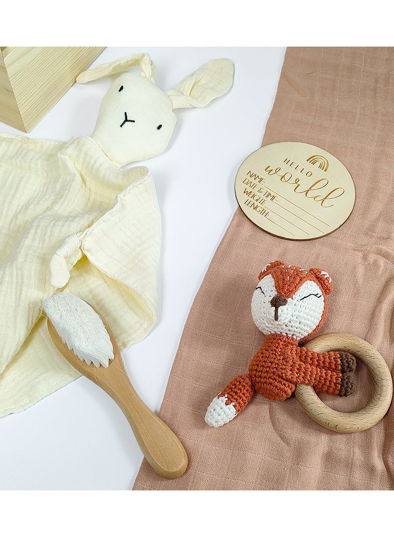 Baby Gift Set - Ultimate Natural Welcome for Newborns with Organic Essentials, Handmade Fox Rattle, Soft Bib, Cozy Blanket, and Personalized Wooden Plaque in a Luxurious Wooden Box