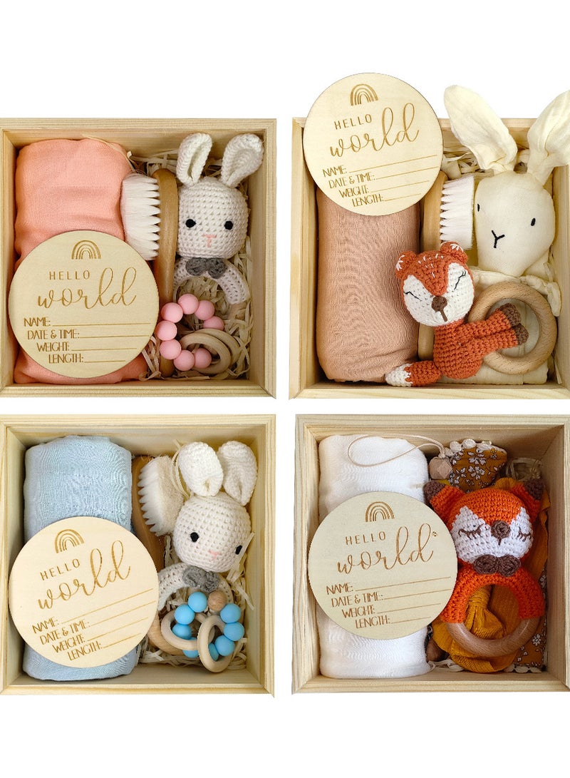 Baby Gift Set - Ultimate Natural Welcome for Newborns with Organic Essentials, Handmade Fox Rattle, Soft Bib, Cozy Blanket, and Personalized Wooden Plaque in a Luxurious Wooden Box