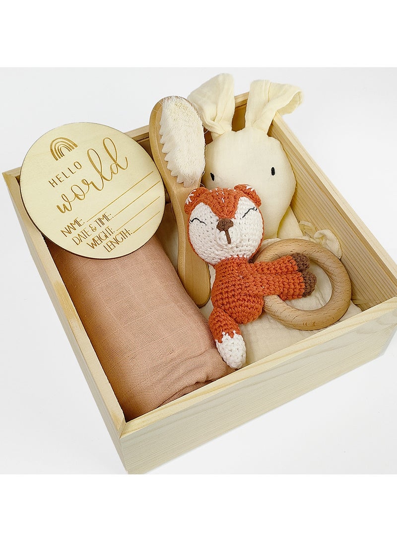 Baby Gift Set - Ultimate Natural Welcome for Newborns with Organic Essentials, Handmade Fox Rattle, Soft Bib, Cozy Blanket, and Personalized Wooden Plaque in a Luxurious Wooden Box