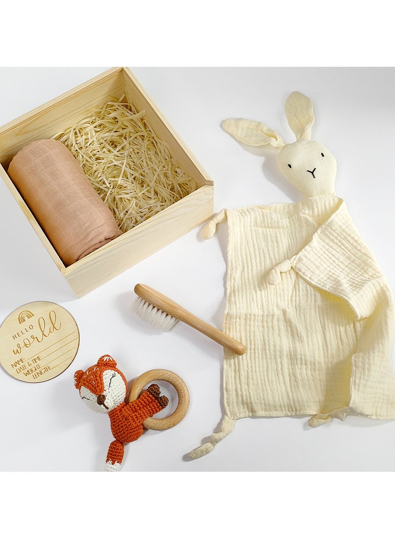 Baby Gift Set - Ultimate Natural Welcome for Newborns with Organic Essentials, Handmade Fox Rattle, Soft Bib, Cozy Blanket, and Personalized Wooden Plaque in a Luxurious Wooden Box