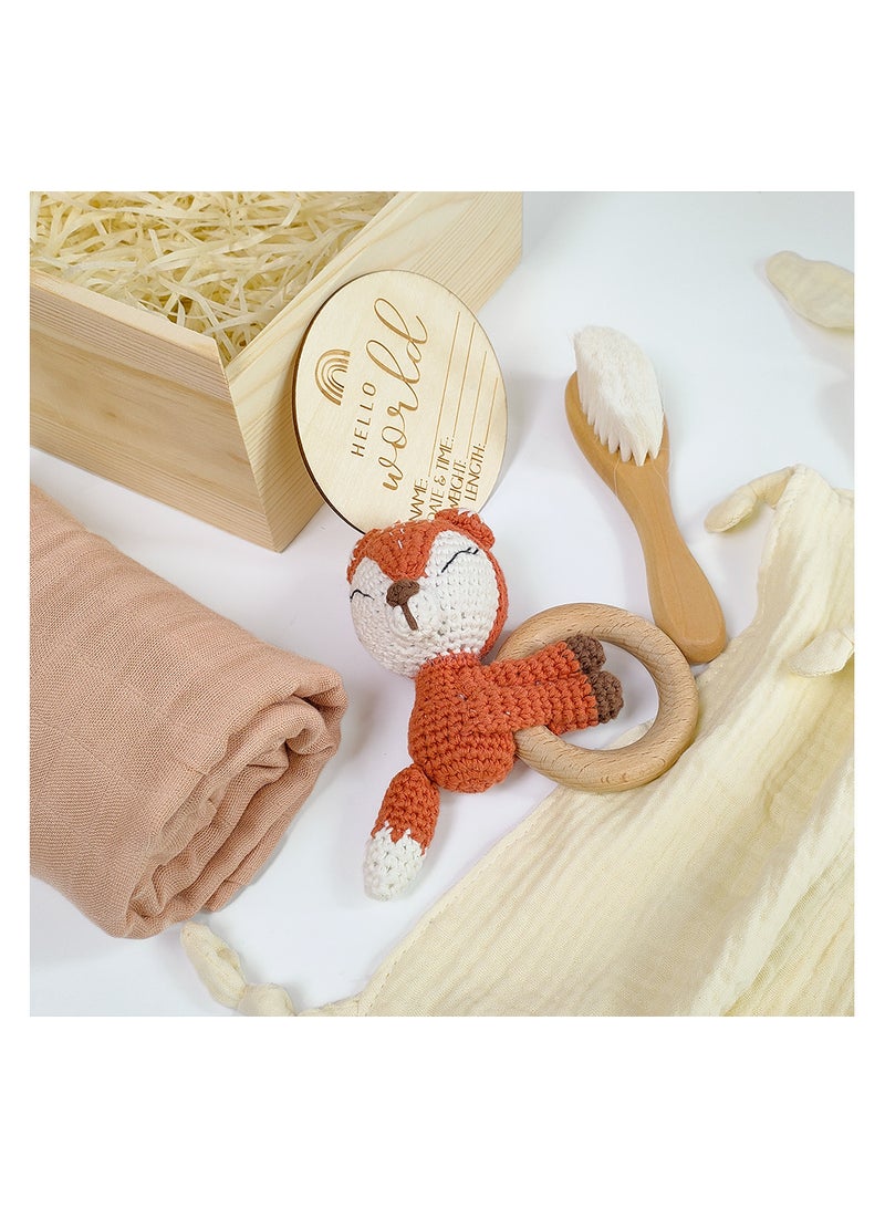 Baby Gift Set - Ultimate Natural Welcome for Newborns with Organic Essentials, Handmade Fox Rattle, Soft Bib, Cozy Blanket, and Personalized Wooden Plaque in a Luxurious Wooden Box