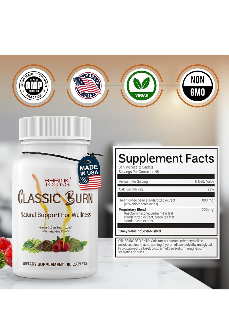 Shrink Classic Burn - Pure Green Coffee Bean Extract and Raspberry Ketones with 45% Chlorogenic Acid - 90 Capsules Organic Raspberry Leaf and Green Tea Extract for Maximum Body Management Support