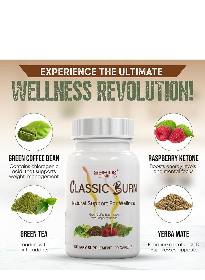 Shrink Classic Burn - Pure Green Coffee Bean Extract and Raspberry Ketones with 45% Chlorogenic Acid - 90 Capsules Organic Raspberry Leaf and Green Tea Extract for Maximum Body Management Support