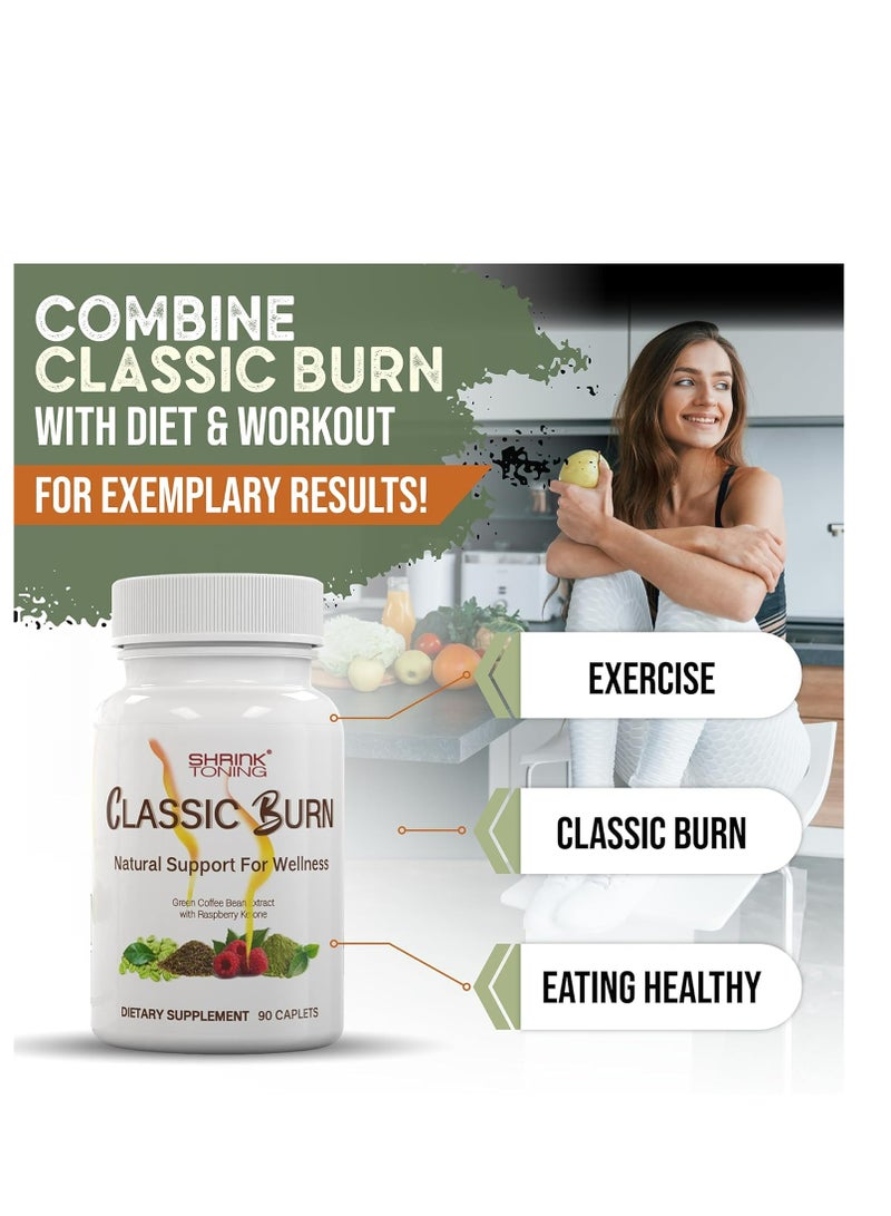 Shrink Classic Burn - Pure Green Coffee Bean Extract and Raspberry Ketones with 45% Chlorogenic Acid - 90 Capsules Organic Raspberry Leaf and Green Tea Extract for Maximum Body Management Support