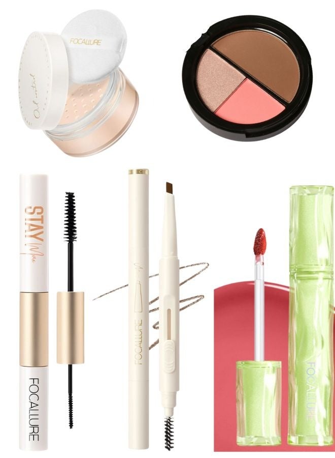 Set of Oil-Control Poreless Matte Loose Powder-#02 Medium + Blush Highlight & Contour Long Lasting Smooth Finish + Staymax Waterproof Mascara & Eyeliner 2 in 1 + Eyebrow Pencil with Spoolie Brush,Natural Brown + Matte Lip Tint Watery To Blur Lasting Lip Gloss Highly Pigmented Lipstick Water to Mist Lip Glaze # PP02