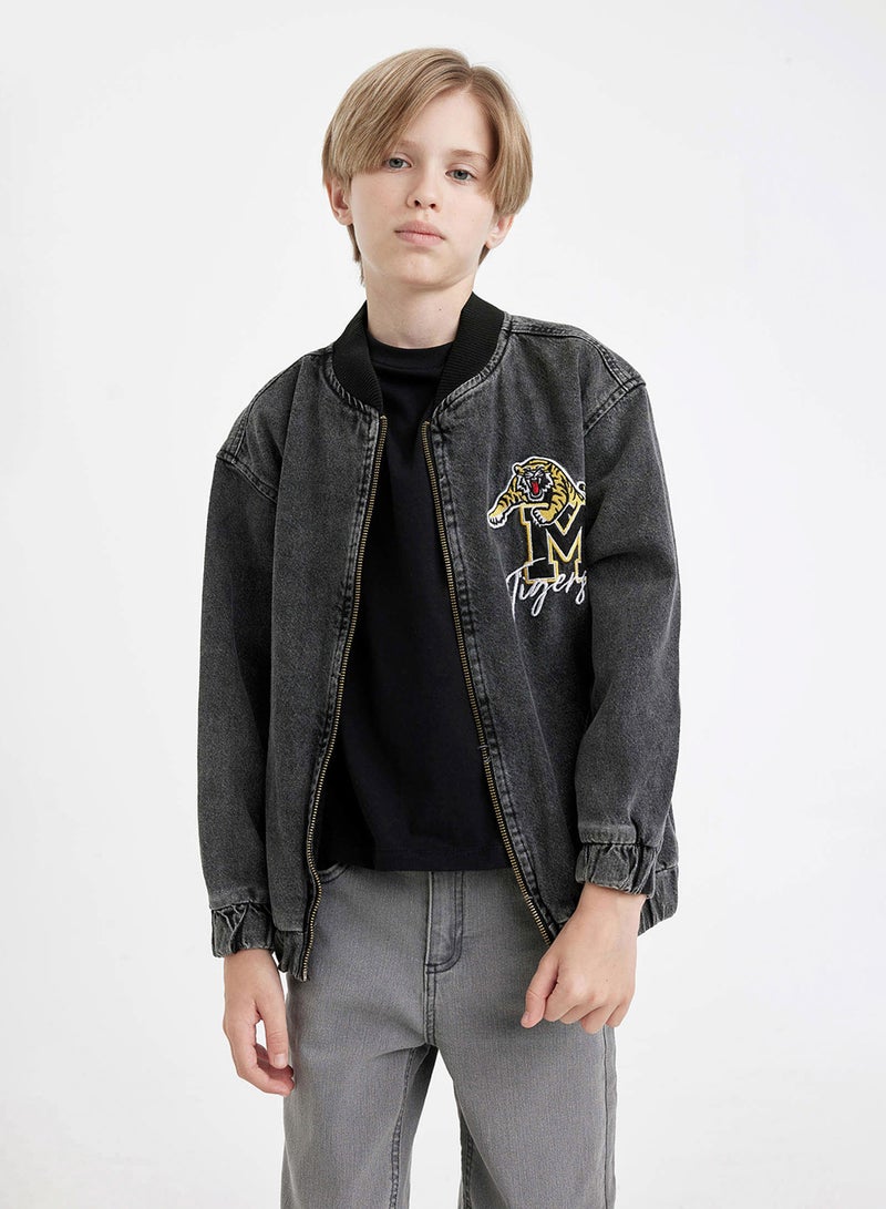 Bomber Jean Jacket With Zipper And Pockets Seasonal Printed