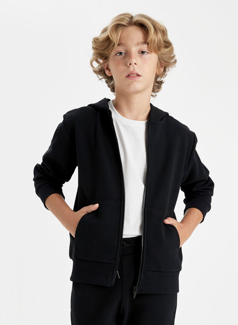 Basic Black Hooded Zippered School Jacket With Pockets