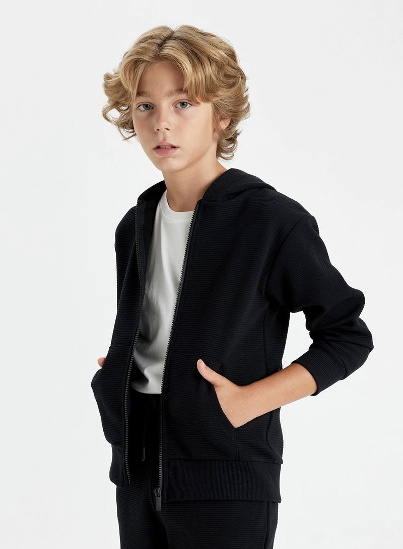 Basic Black Hooded Zippered School Jacket With Pockets