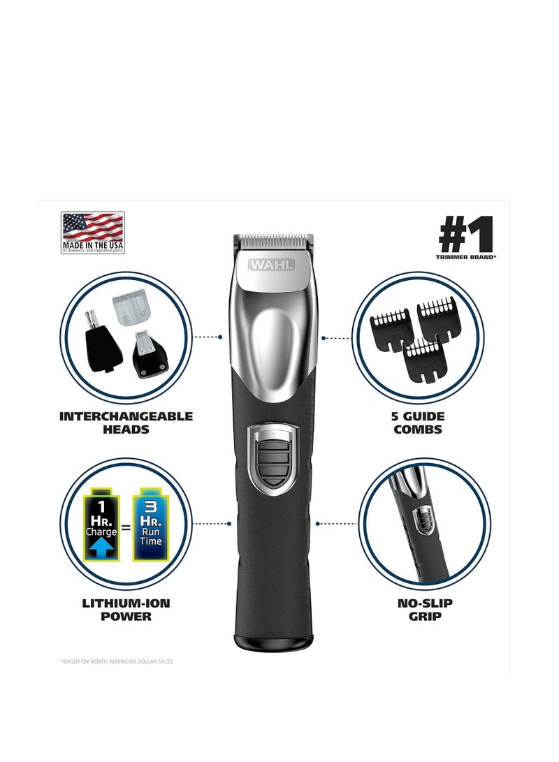 USA Rechargeable Lithium Ion All in One Beard Trimmer for Men with Detail and Ear & Nose Hair Trimmer Attachment – Model 9854-600B