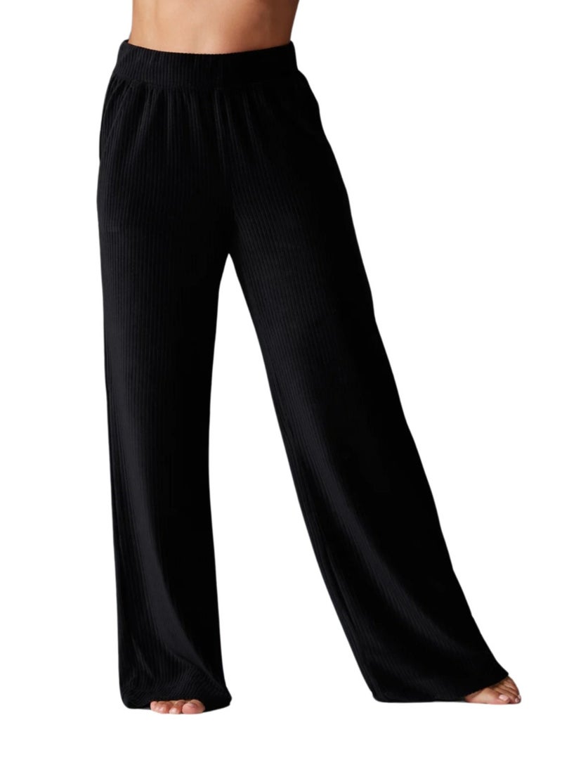 WIDE LEG BRUSHED RIB PANT EBONY LARGE