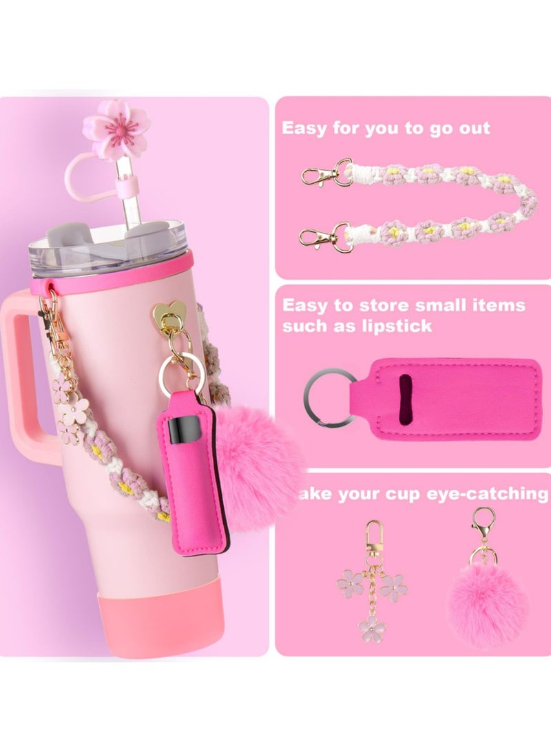 8Pcs Cup Accessories for Stanley Cup 40 & 30oz Tumbler with Handle, 1Pcs Water Bottle Handle Strap, Chapstick Holder, Boot, Keychain Charms, Straw Topper Cap for Stanley Cup Accessories,White