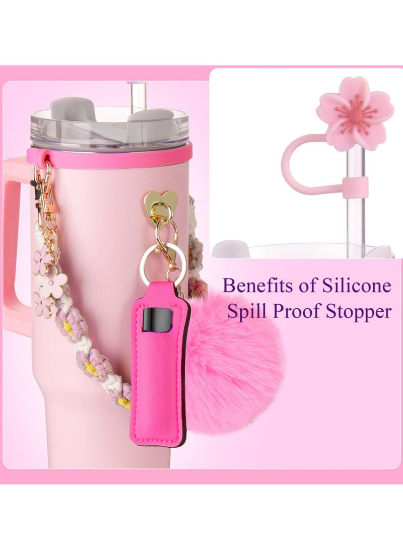 8Pcs Cup Accessories for Stanley Cup 40 & 30oz Tumbler with Handle, 1Pcs Water Bottle Handle Strap, Chapstick Holder, Boot, Keychain Charms, Straw Topper Cap for Stanley Cup Accessories,White