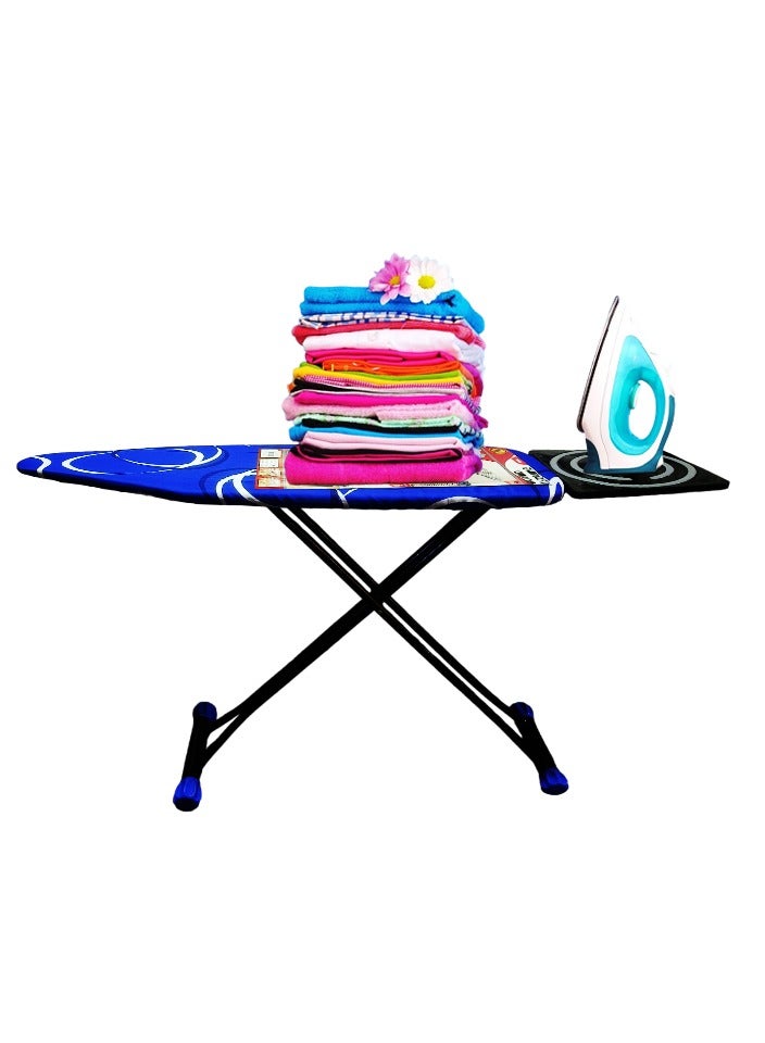 Heat-Resistant Ironing Board with Steam Iron Rest, Non-Slip Foldable Stand, Adjustable Height, Sturdy Black Metal Frame,Vibrant Blue Cover with White Circular Patterns, Space-Saving Modern Design,153x90x39cm