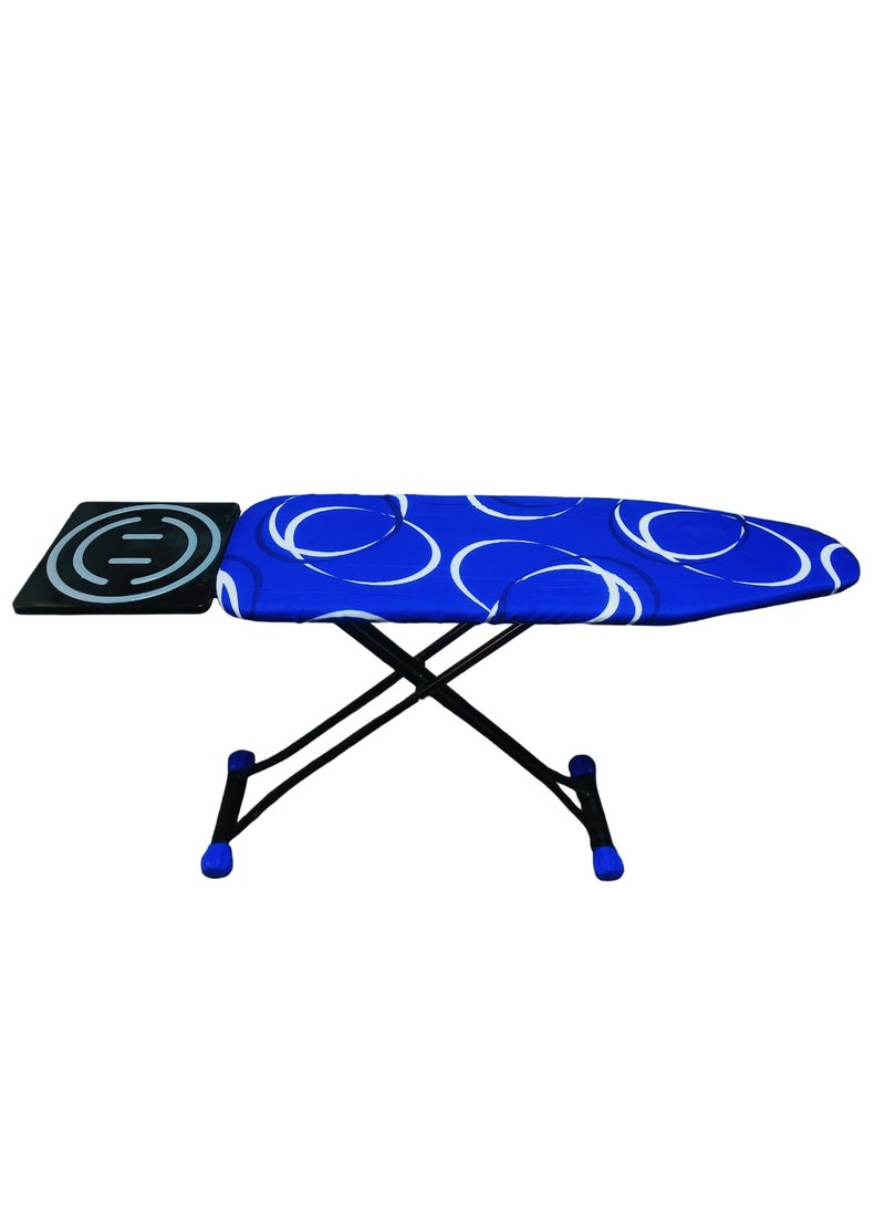 Heat-Resistant Ironing Board with Steam Iron Rest, Non-Slip Foldable Stand, Adjustable Height, Sturdy Black Metal Frame,Vibrant Blue Cover with White Circular Patterns, Space-Saving Modern Design,153x90x39cm