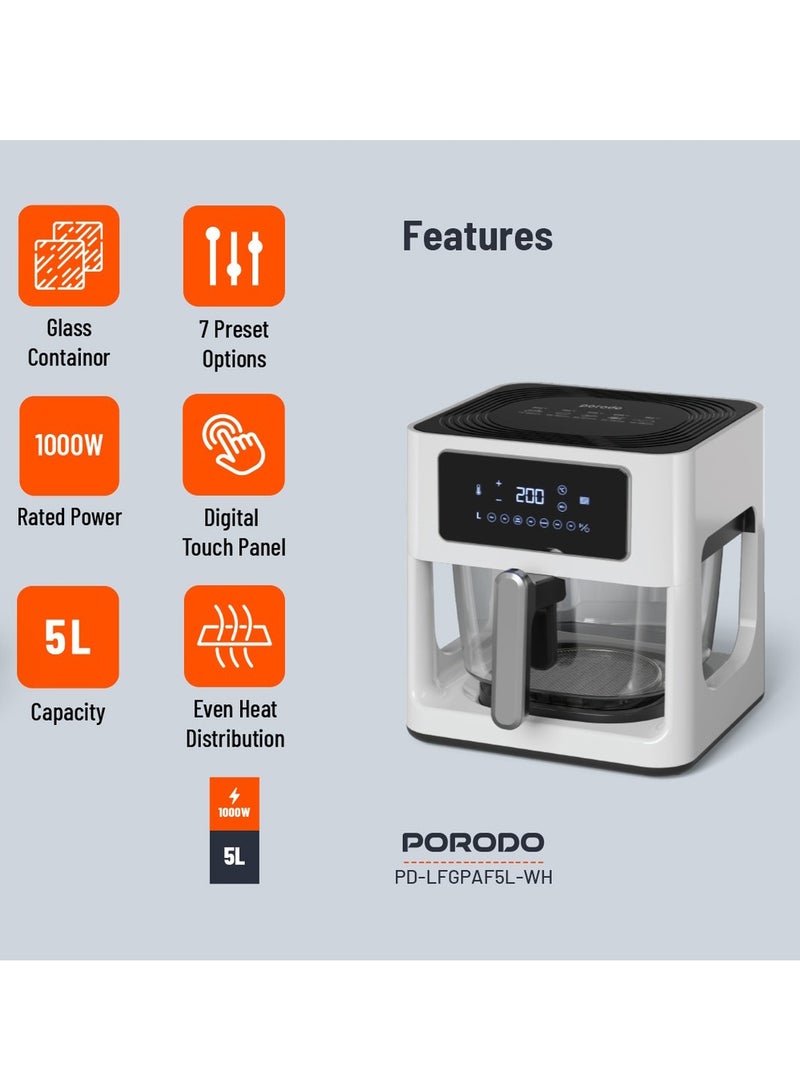 1000W Glass Pot Air Fryer with 5 Litres Capacity, Touch Panel and 7 Preset Options, Porodo PD-LFGPAF5L-WH - White