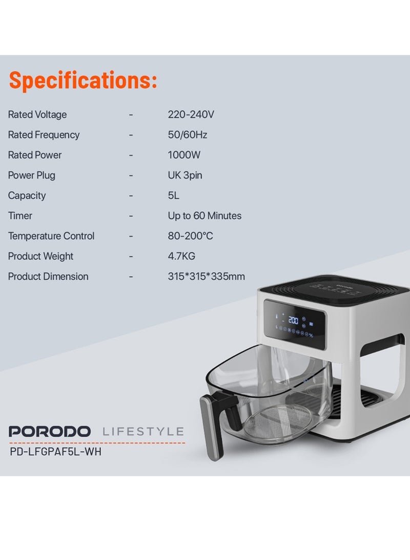 1000W Glass Pot Air Fryer with 5 Litres Capacity, Touch Panel and 7 Preset Options, Porodo PD-LFGPAF5L-WH - White