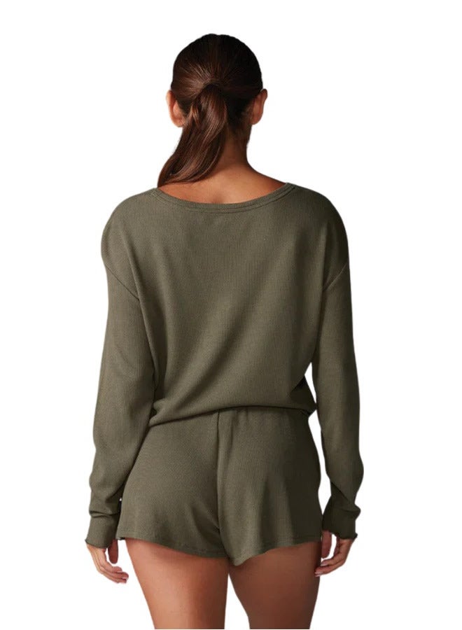 LOUNGE WAFFLE LONG SLEEVE TOP OLIVE LARGE