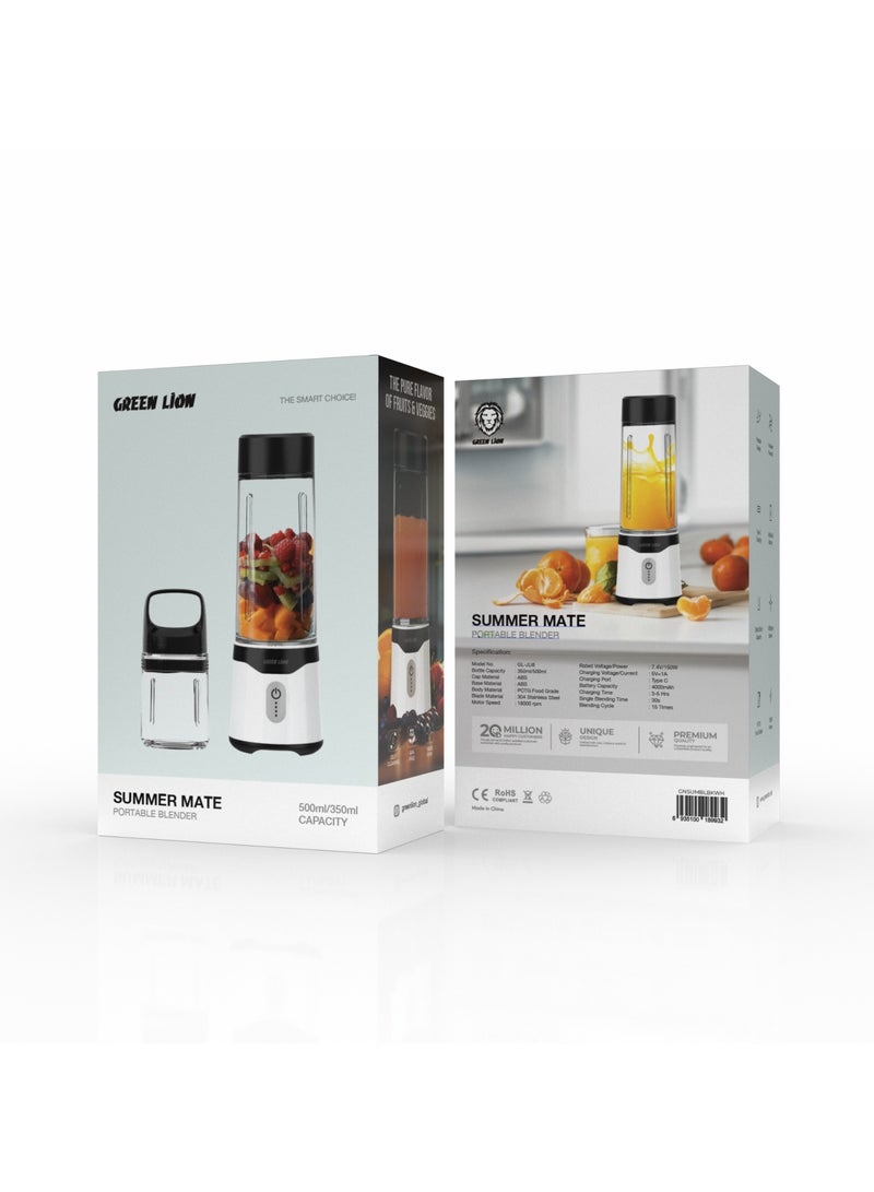 Summer Mate Portable Blender 500ml/350ml Capacity / Self Cleaning / BPA Free / Portable Design / 6-Blades Powerful / Type-C Charging / High Battery Capacity / Strong Power / PCTG Food Grade - Black & White