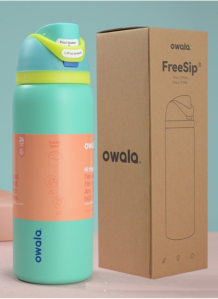 Owala cup FreeSip Insulated Stainless Steel Water Bottle with Straw for Sports and Travel, BPA-Free, 24-Ounce, Green