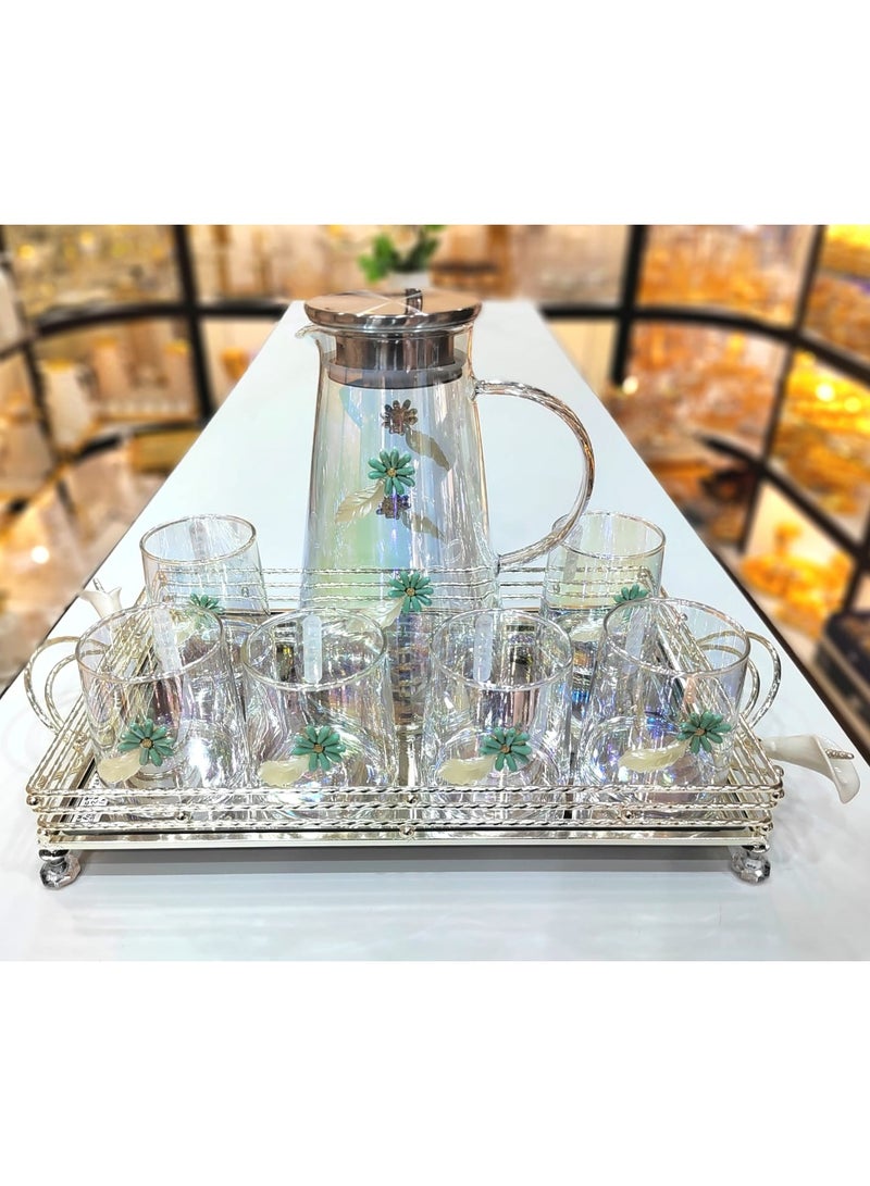 Water Set Of 8Pieces Six Glass With One Jug For Water Juice And One Piece Miror Tray High Quality Glass Material