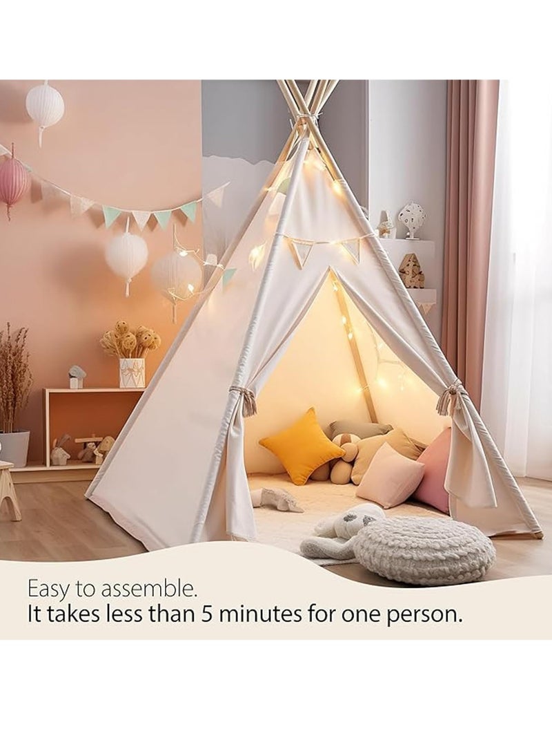 Kids Teepee Tent with Wooden Poles Kids Play Tent for Girls & Boys Natural Cotton Canvas Tent Playhouse Children Tent for Indoor Reading and Playtime - Not Include Mat (White)