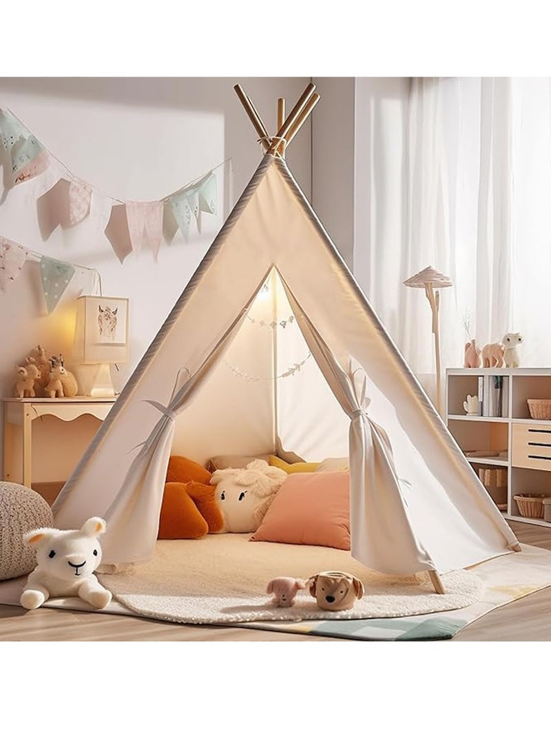 Kids Teepee Tent with Wooden Poles Kids Play Tent for Girls & Boys Natural Cotton Canvas Tent Playhouse Children Tent for Indoor Reading and Playtime - Not Include Mat (White)