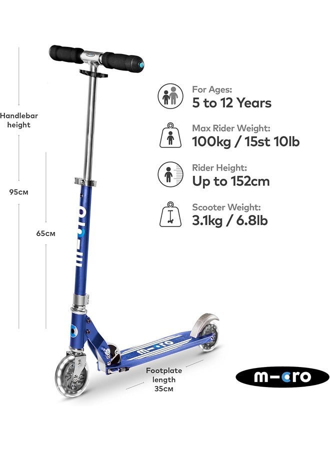 Micro Scooters | Micro Sprite LED Children's Scooter SA0217| Handlebar Adjustable | Front Suspension | Foldable | Boys & Girls | 8yrs+ |Stripe Blue