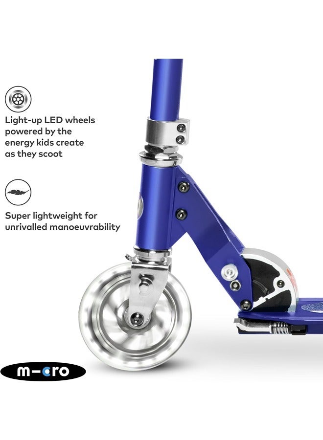 Micro Scooters | Micro Sprite LED Children's Scooter SA0217| Handlebar Adjustable | Front Suspension | Foldable | Boys & Girls | 8yrs+ |Stripe Blue