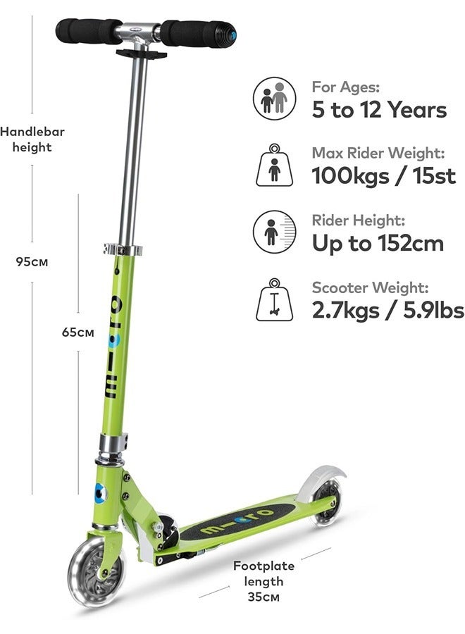 Micro Scooters | Micro Sprite LED Children's Scooter SA0224| Handlebar Adjustable | Front Suspension | Foldable | Boys & Girls | 8yrs+ | Chartreuse