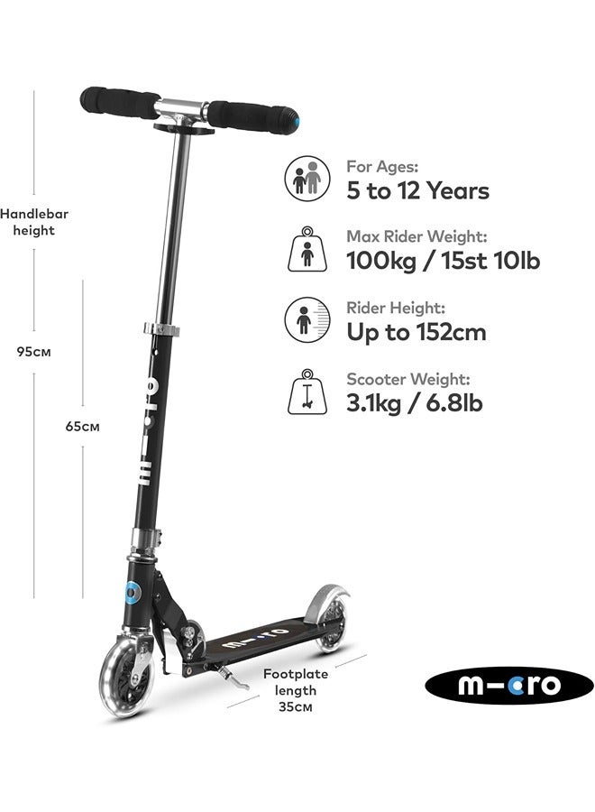 Micro Scooters | Micro Sprite LED Children's Scooter SA0225| Handlebar Adjustable | Front Suspension | Foldable | Boys & Girls | 8yrs+ | Black