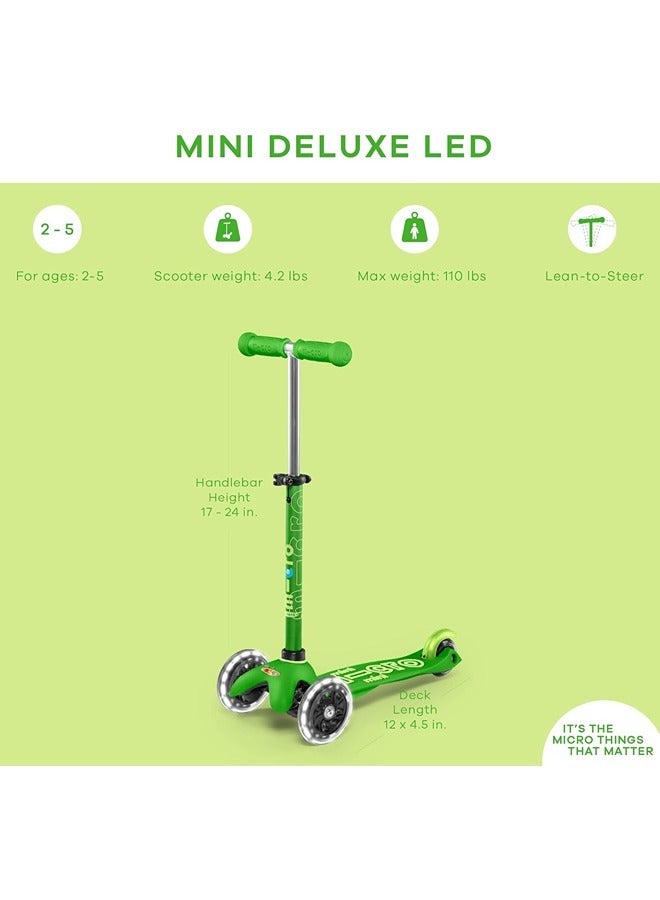 Micro Scooters - Mini Deluxe Green with LED Wheels MMD051 |Adjustable Handlebar |3 Wheels |Max Load 50KG | Scooter for Kids | Kids Scooter | Scooter with LED Wheels | Scooter for Kids 2-5 Years