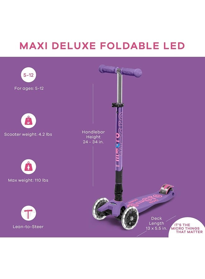 Micro Scooters | Maxi Micro Deluxe LED Foldable| Handlebar Adjustable | Lightweight | Foldable Mechanism |Boys & Girls | 5-12 years | Purple