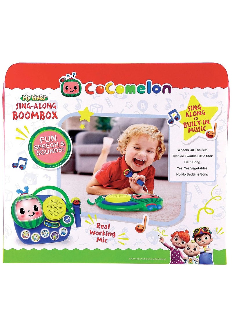 Auxiliary Cocomelon Toy Singalong Boombox with Microphone for Toddlers, Built-in Music and Flashing Lights, Fans of Cocomelon Gifts