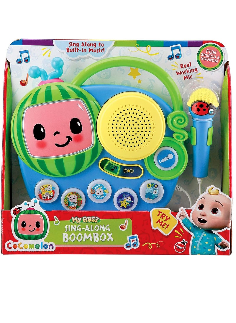 Auxiliary Cocomelon Toy Singalong Boombox with Microphone for Toddlers, Built-in Music and Flashing Lights, Fans of Cocomelon Gifts