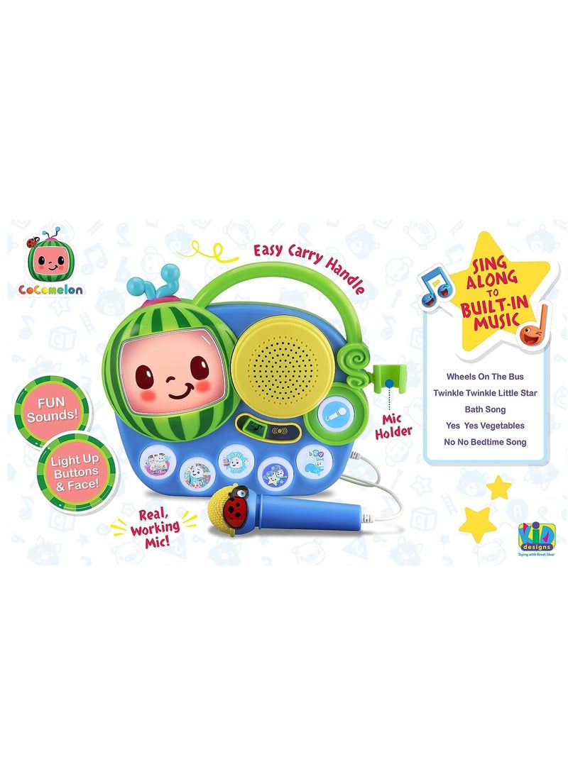 Auxiliary Cocomelon Toy Singalong Boombox with Microphone for Toddlers, Built-in Music and Flashing Lights, Fans of Cocomelon Gifts