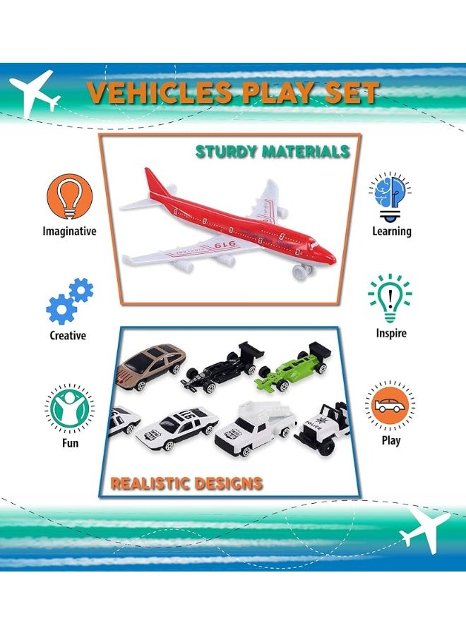 Mozlly Diecast Plane Set - Airport Playset Includes Airplanes, Jet Planes, Helicopters, Traffic Signs, Police Cars, Race Cars, and Street Cars - Airplane Terminal for Kids Pretend Play - 36 Pieces