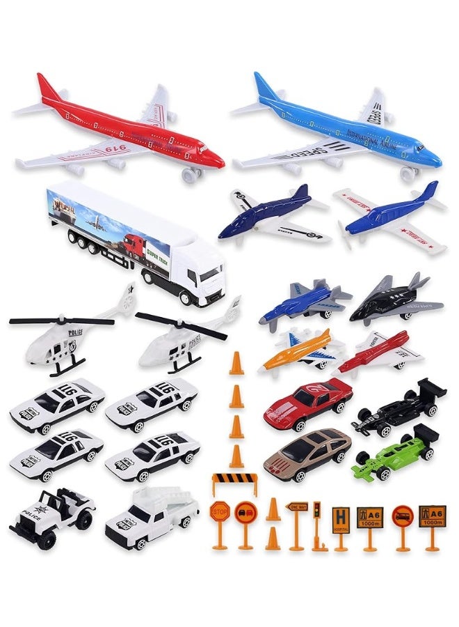 Mozlly Diecast Plane Set - Airport Playset Includes Airplanes, Jet Planes, Helicopters, Traffic Signs, Police Cars, Race Cars, and Street Cars - Airplane Terminal for Kids Pretend Play - 36 Pieces