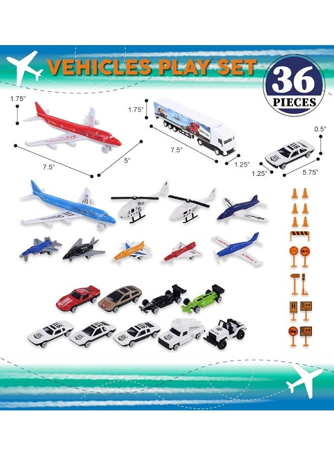 Mozlly Diecast Plane Set - Airport Playset Includes Airplanes, Jet Planes, Helicopters, Traffic Signs, Police Cars, Race Cars, and Street Cars - Airplane Terminal for Kids Pretend Play - 36 Pieces