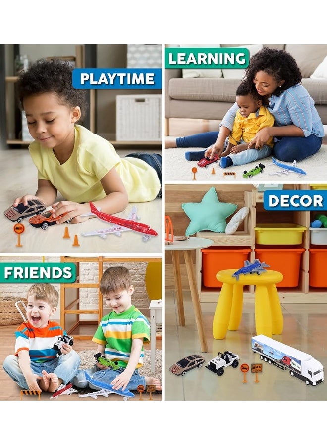 Mozlly Diecast Plane Set - Airport Playset Includes Airplanes, Jet Planes, Helicopters, Traffic Signs, Police Cars, Race Cars, and Street Cars - Airplane Terminal for Kids Pretend Play - 36 Pieces