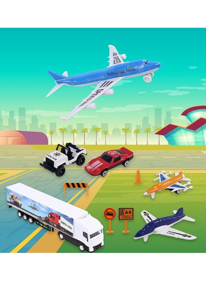 Mozlly Diecast Plane Set - Airport Playset Includes Airplanes, Jet Planes, Helicopters, Traffic Signs, Police Cars, Race Cars, and Street Cars - Airplane Terminal for Kids Pretend Play - 36 Pieces