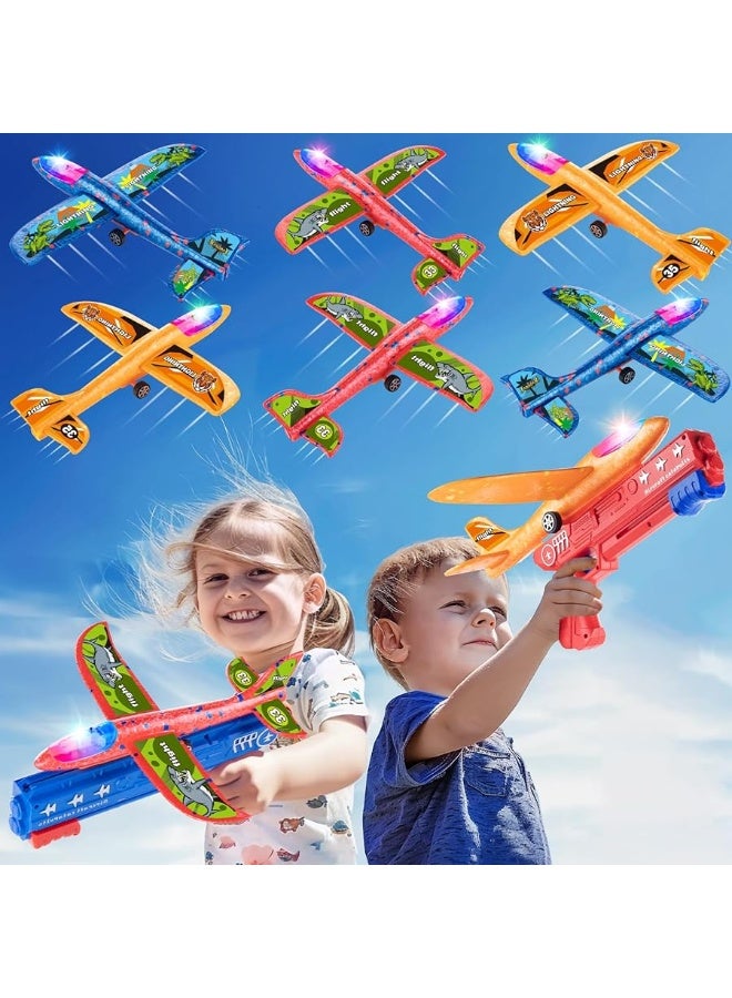 6 Pack LED Airplane Launcher Toys with 2 Launchers, 2 Flight Mode Glider Catapult Plane with Stickers, Flying Outdoor Toys for 3 4 5 6 7 8 9 10 11 12 Year Old Kids Boys Girls Birthday Gifts